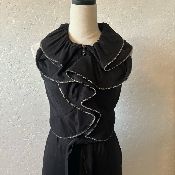 Samuel Dong Black Ruffle Zipper Front Zip Belted Midi Dress Size Small - Picture 2 of 8